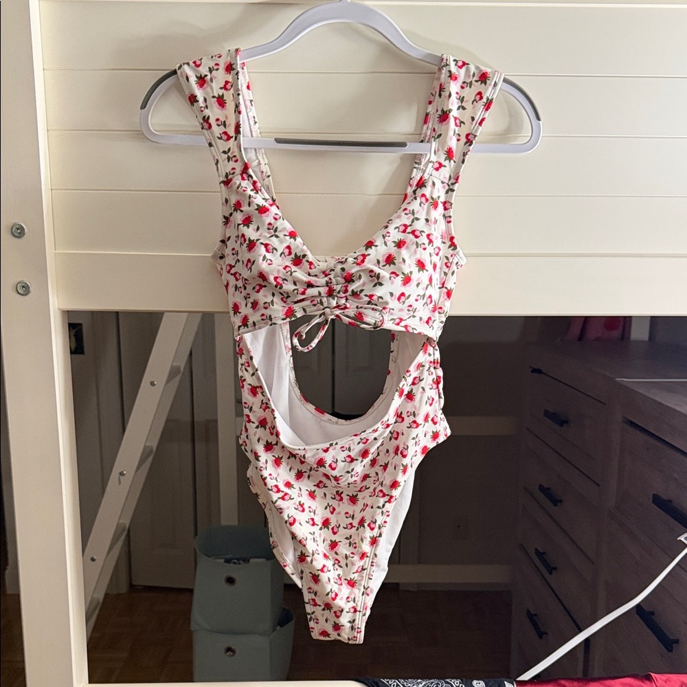Xhilaration White One-Piece Swimsuit with Red Floral Print